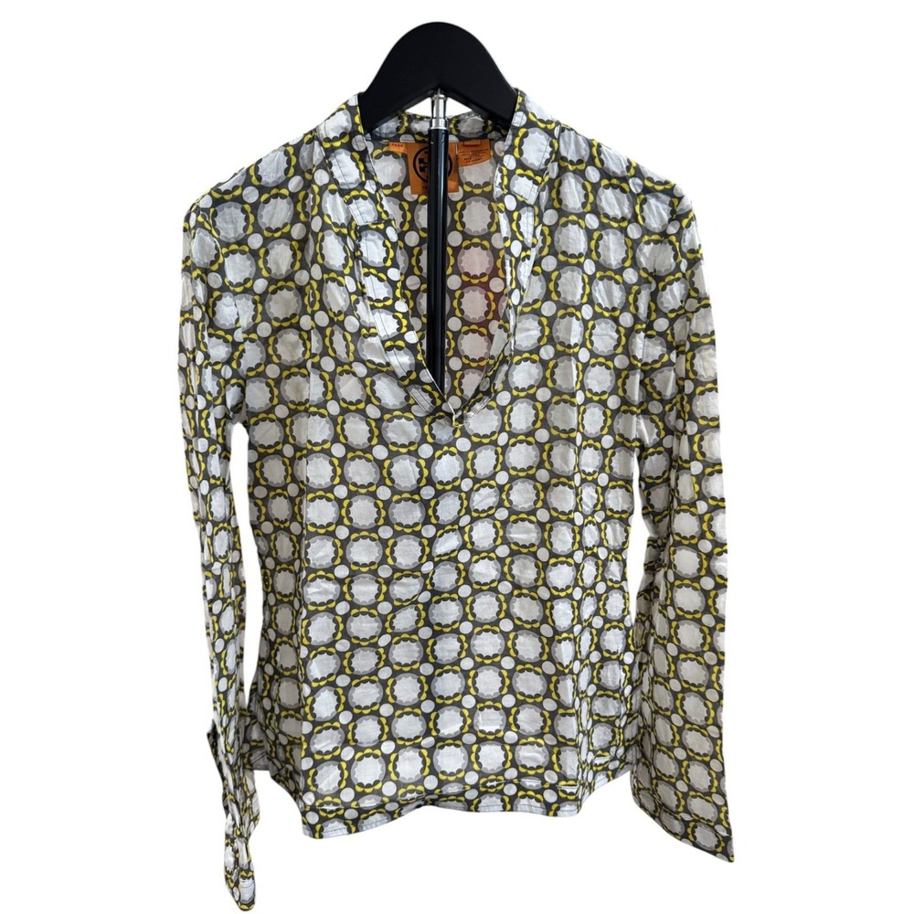 Tory Burch Womens Yellow Grey Geometric Circle Print Cotton Tunic Top (Size 2)